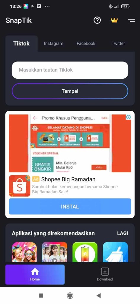 Tampilan Aplikasi SnapTik