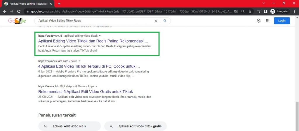 Keyword Aplikasi Video Editing TikTok Reels Halaman Pertama Google Baris ke 8