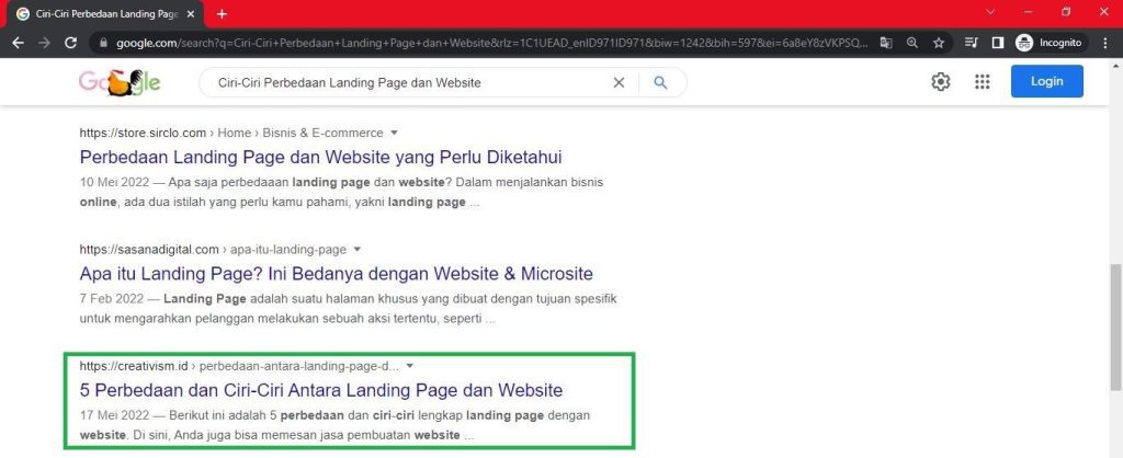 Keyword Ciri Ciri Perbedaan Landing Page dan Website Halaman Pertama Google Baris ke 6