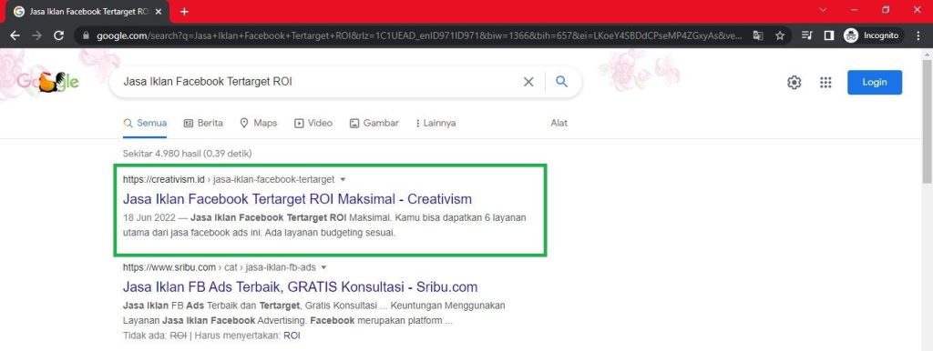 Keyword Jasa Iklan Facebook Tertarget ROI Halaman Pertama Google Baris ke 1