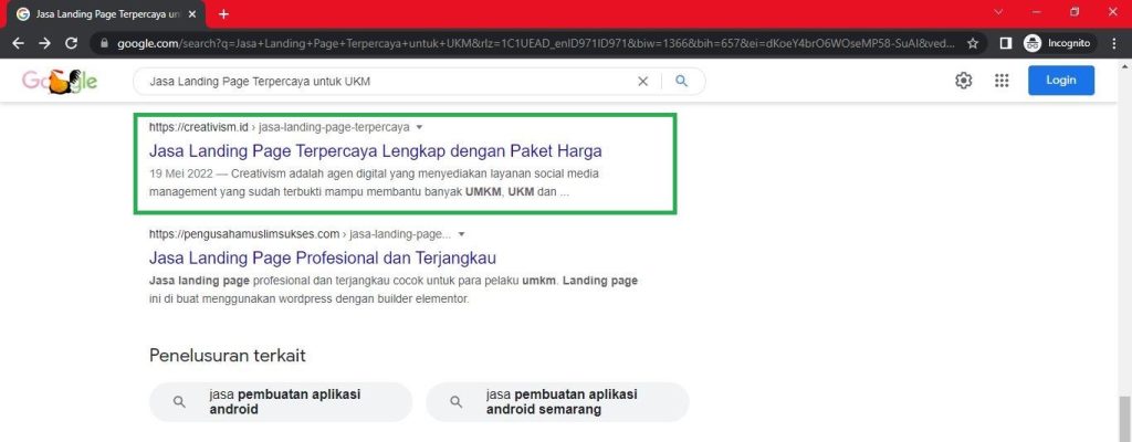 Keyword Jasa Landing Page Terpercaya Halaman Pertama Google Baris ke 9