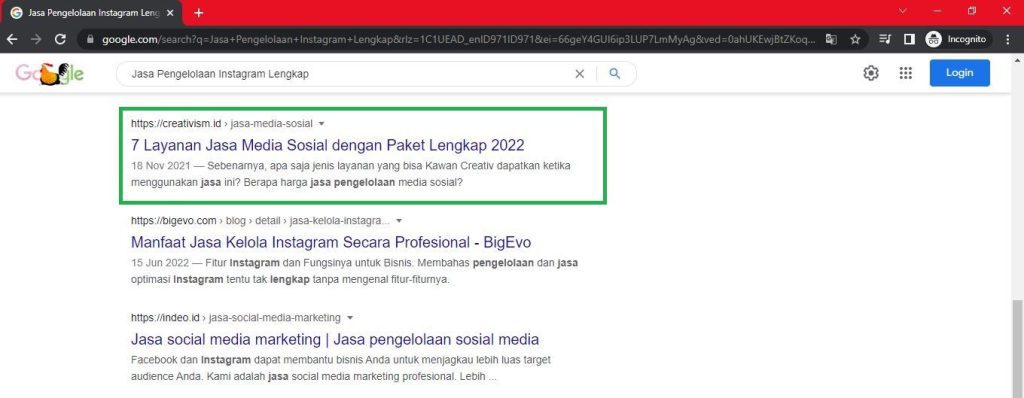 Keyword Jasa Pengelolaan Instagram Lengkap Halaman Pertama Google Baris ke 8