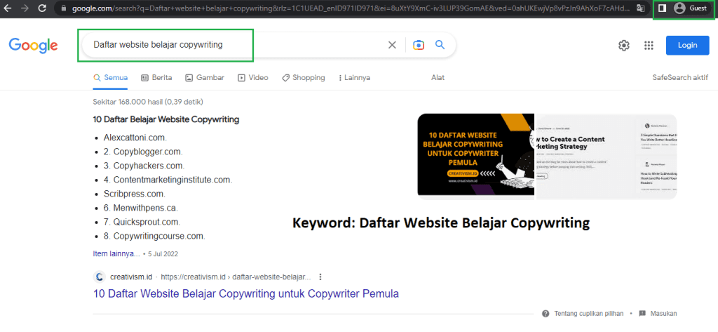 Keyword Daftar Website Belajar Copywriting