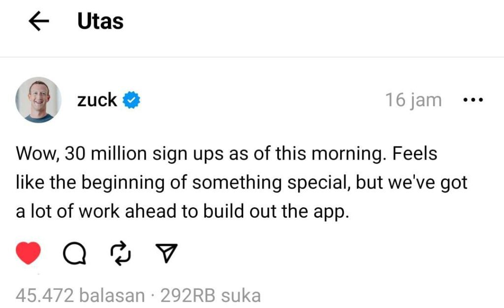 Pengguna Threads dari Mark Zuckerberg