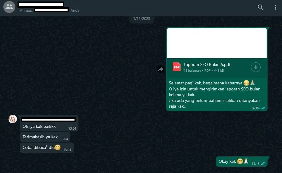 Diskusi Tim Creativism di Grup WhatsApp SEO