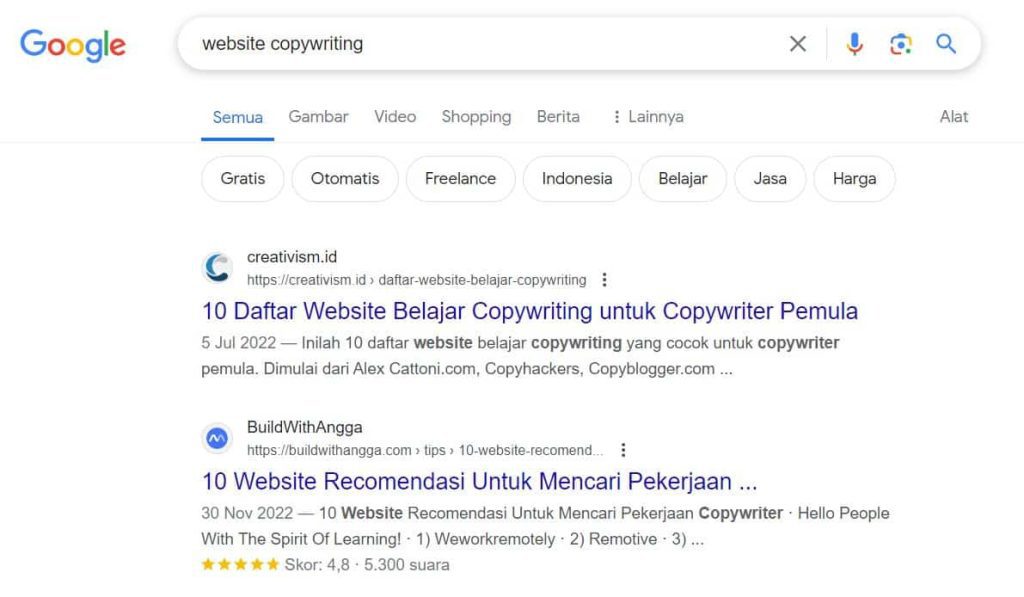 Hasil Keyword Website Copywriting di SERP