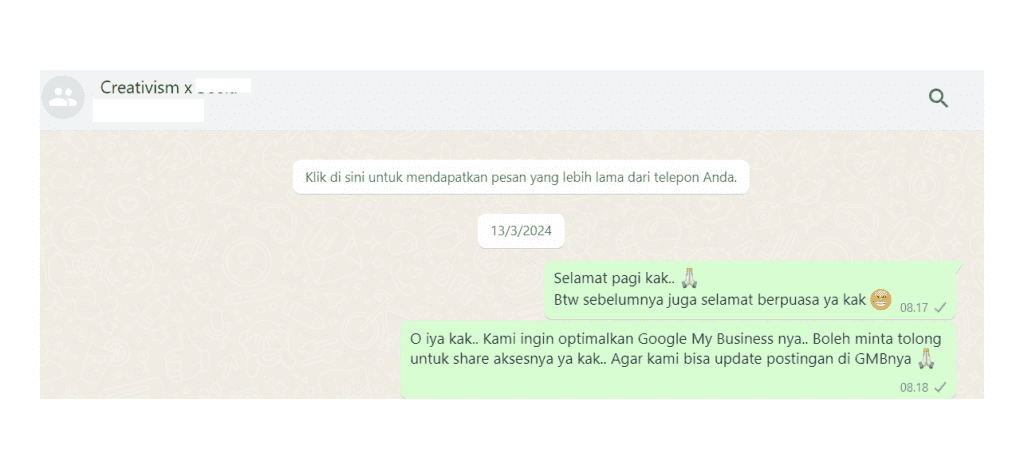 Koordinasi Tim SEO Creativism dengan Klien Melalui WhatsApp