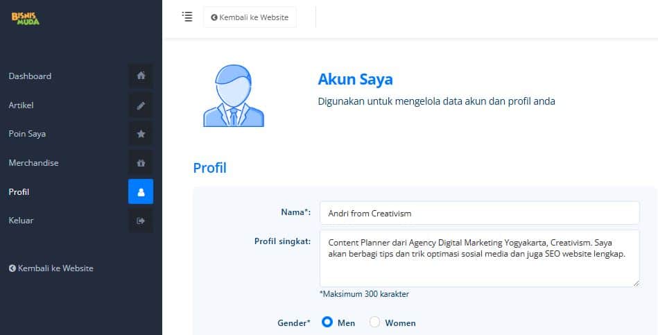 Pengisian Data Profil Penulis di Bisnis Muda