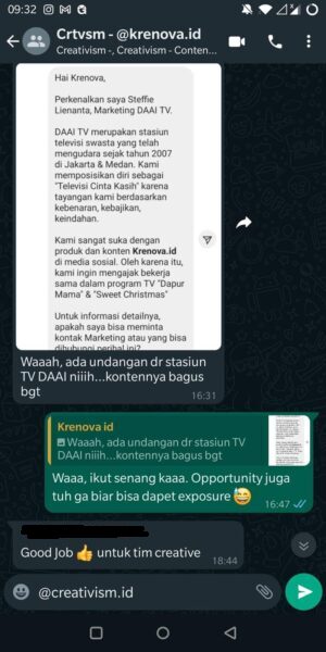 Testimoni kepuasan klien Krenova terhadap layanan Creativism