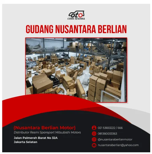Gudang Nusantara Berlian Motor dengan stok sparepart Mitsubishi original tertata rapi