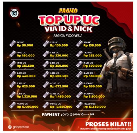 Price list UC PUBG Mobile Gaben Store dengan desain gaming