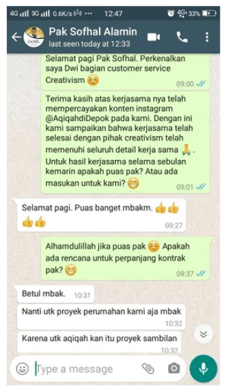 Testimoni kepuasan klien dengan keinginan lanjut kerjasama
