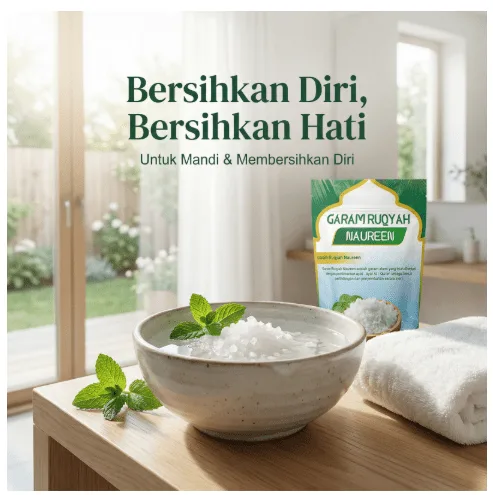 Visual iklan dengan angle 'Bersihkan Diri, Bersihkan Hati' - fokus pada manfaat untuk mandi ruqyah