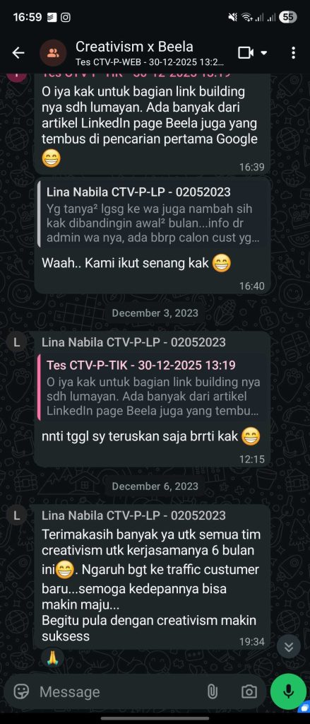 Testimoni Kak Lina Nabila Owner Beela Co dan Pemilik Website Yourbeela Terhadap Kinerja Jasa SEO Creativism