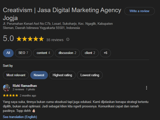 Testimoni Klien Jasa SEO Creativism dari Rebound Ads