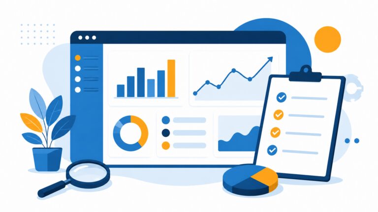 Ilustrasi dashboard laporan SEO bulanan dengan grafik dan checklist