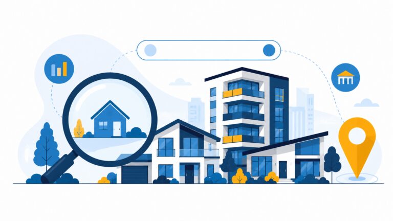 Ilustrasi SEO untuk bisnis properti dengan rumah dan pin lokasi