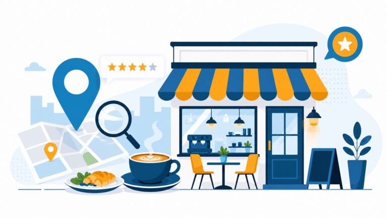 Ilustrasi SEO untuk restoran dan kafe dengan pin lokasi dan ulasan