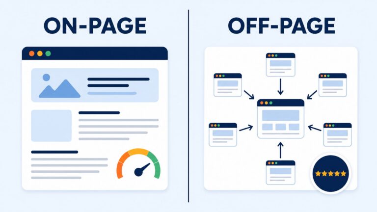 Ilustrasi perbedaan on-page SEO dan off-page SEO dalam strategi agency SEO profesional
