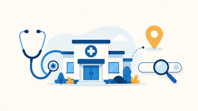 Ilustrasi SEO untuk klinik dan praktik dokter dengan ikon stetoskop dan pin lokasi