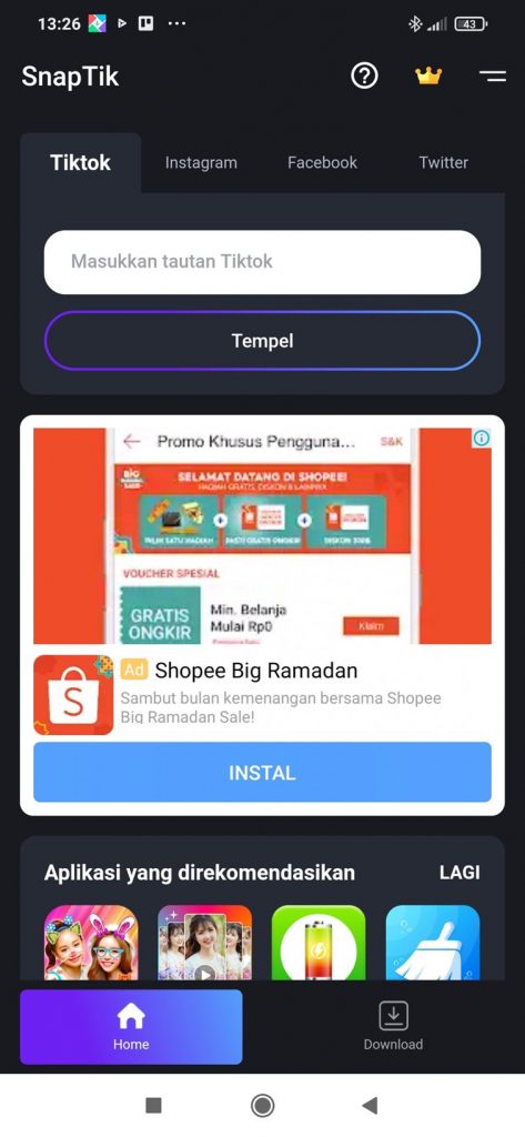 Tampilan Aplikasi SnapTik