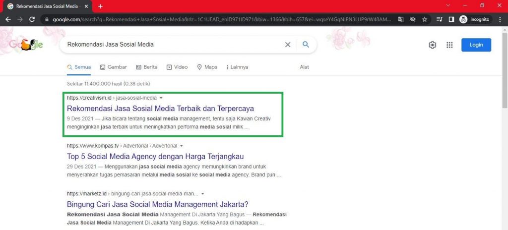 Keyword Rekomendasi Jasa Sosial Media Halaman Pertama Google Baris ke 1