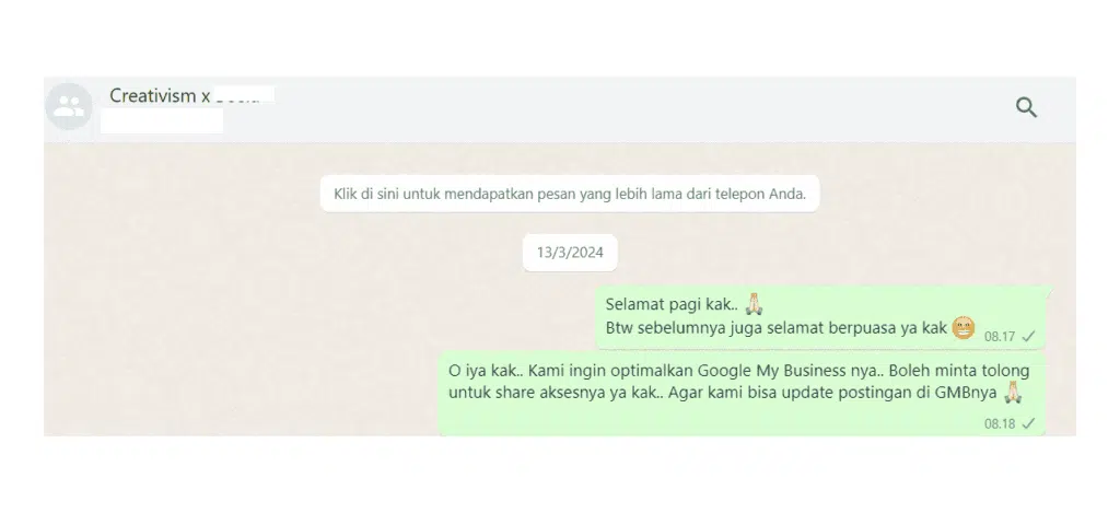 Koordinasi Tim SEO Creativism dengan Klien Melalui WhatsApp