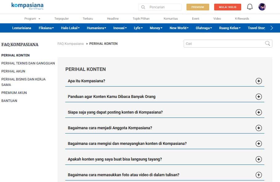 Menu Bantuan atau FAQ dari Kompasiana