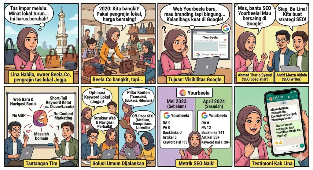 Ilustrasi Perjalanan Kampanye SEO Website Yourbeela dari Beela Co