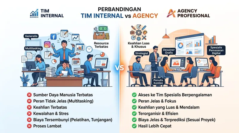 Perbandingan tim internal vs agency profesional