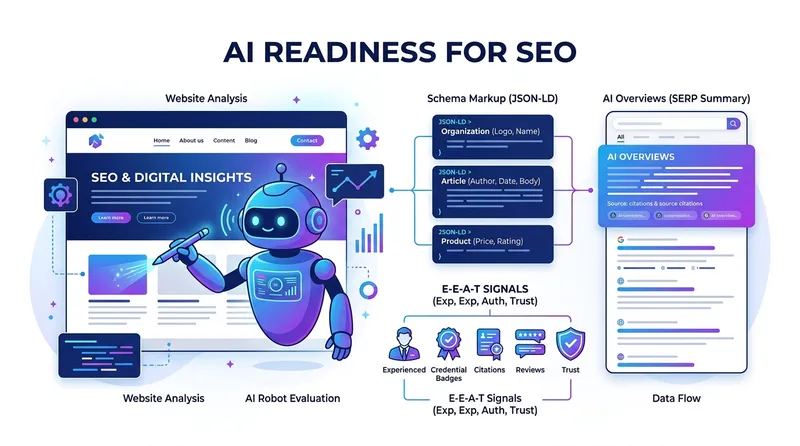 Ilustrasi AI readiness audit SEO menampilkan schema markup JSON-LD, E-E-A-T signals, dan AI Overviews