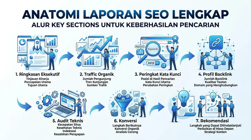 Infografis anatomi laporan SEO lengkap dengan 7 komponen utama