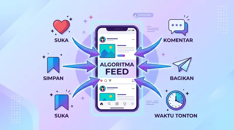 Ilustrasi sinyal algoritma feed Instagram termasuk suka, komentar, bagikan, simpan, dan waktu tonton