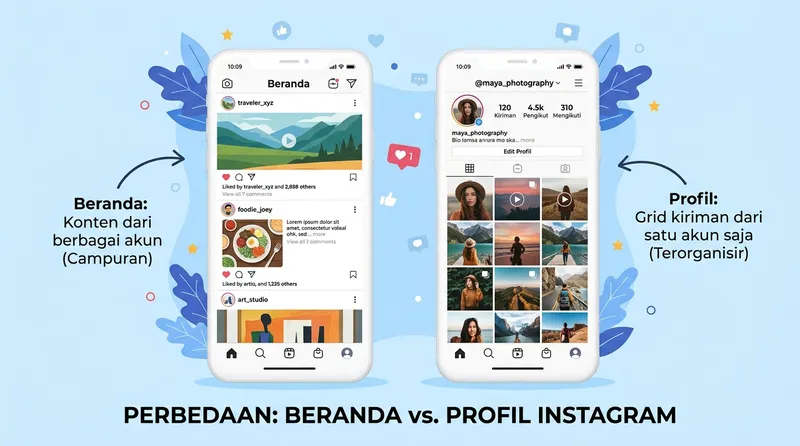 Perbandingan tampilan Home Feed beranda dan Profile Feed grid profil Instagram