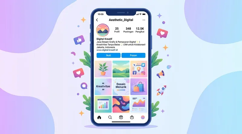 Ilustrasi tampilan feed IG dengan grid konten 3 kolom pada layar smartphone