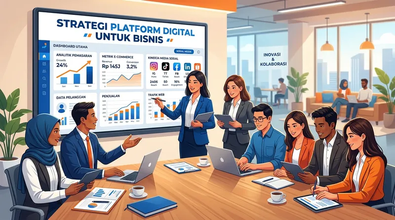 Tim profesional menggunakan platform digital untuk strategi bisnis dan pemasaran