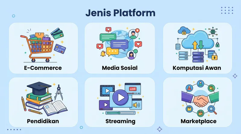 Infografis jenis platform digital meliputi e-commerce, media sosial, komputasi awan, pendidikan, streaming, dan marketplace