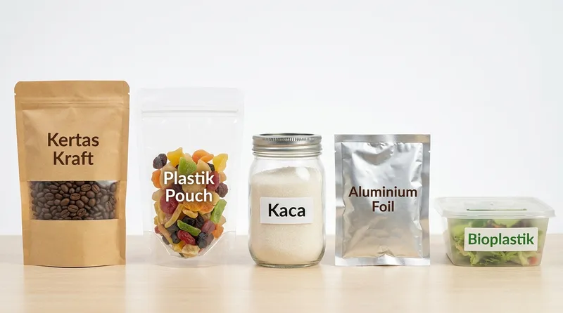 Perbandingan bahan kemasan makanan: kertas kraft, plastik pouch, kaca, aluminium foil, dan bioplastik