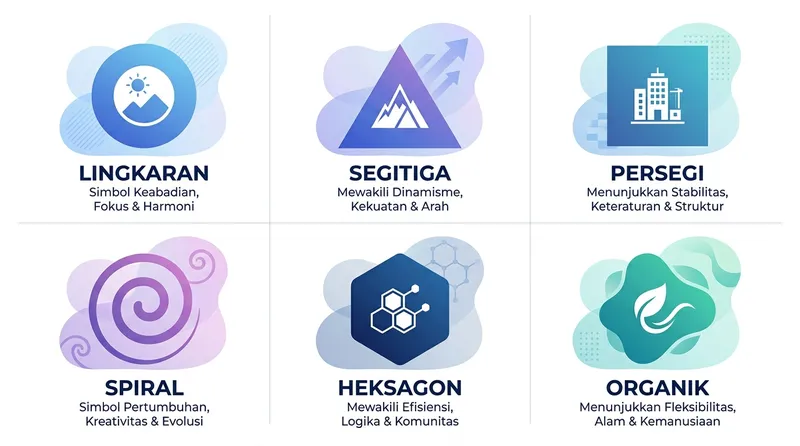 Infografis 6 jenis bentuk dasar logo: lingkaran, segitiga, persegi, spiral, heksagon, dan organik
