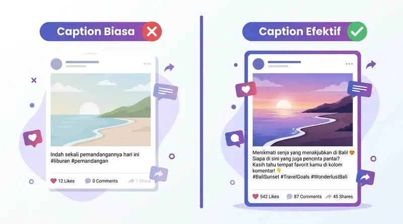 Perbandingan caption biasa vs caption efektif di Instagram