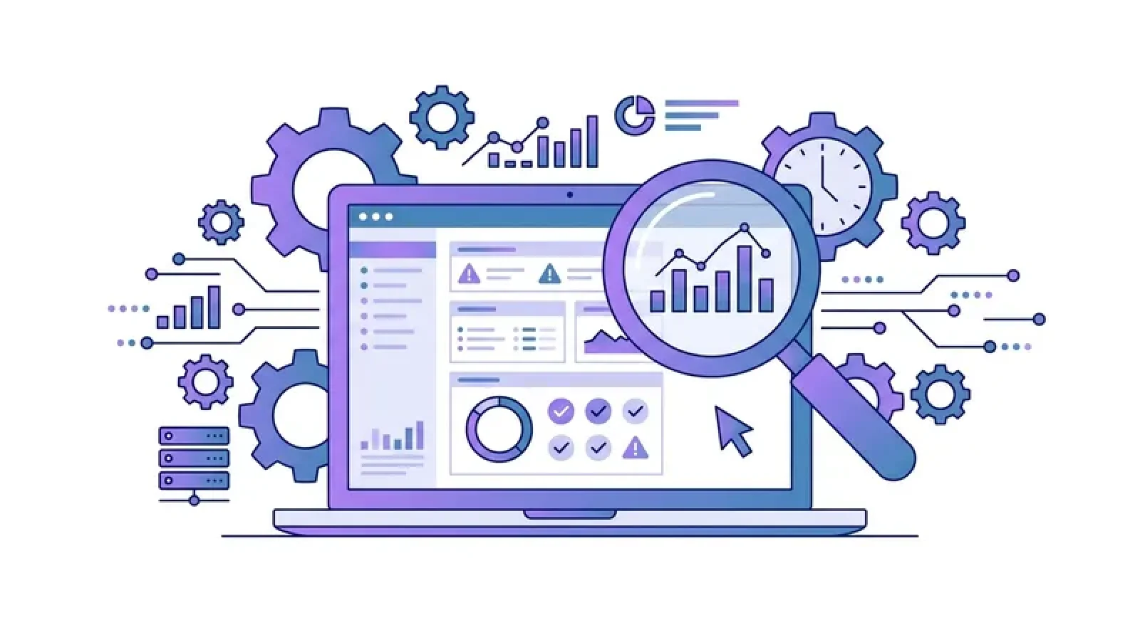 Ilustrasi proses audit SEO website dengan dashboard analitik