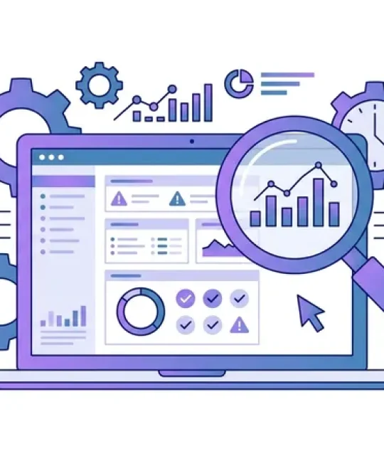 Ilustrasi proses audit SEO website dengan dashboard analitik