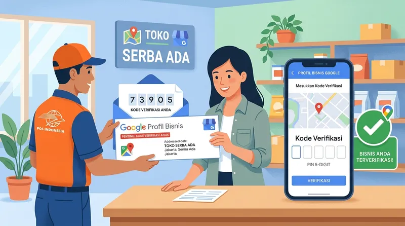 Proses verifikasi Google Business Profile dengan kartu pos dan kode PIN