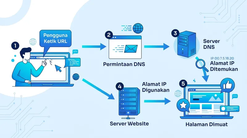Infografis cara kerja DNS lookup saat mengetik URL di browser
