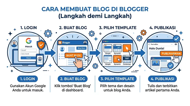 Infografis langkah-langkah membuat blog di Blogger dari login hingga publikasi