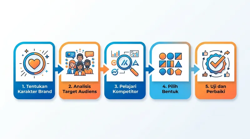 5 langkah memilih bentuk logo yang tepat: tentukan karakter brand, analisis target audiens, pelajari kompetitor, pilih bentuk, uji dan perbaiki