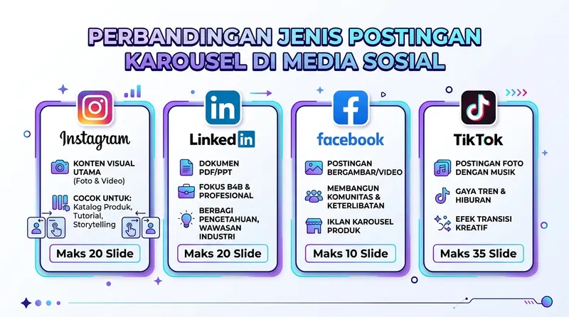 Perbandingan jenis carousel di Instagram, LinkedIn, Facebook, dan TikTok