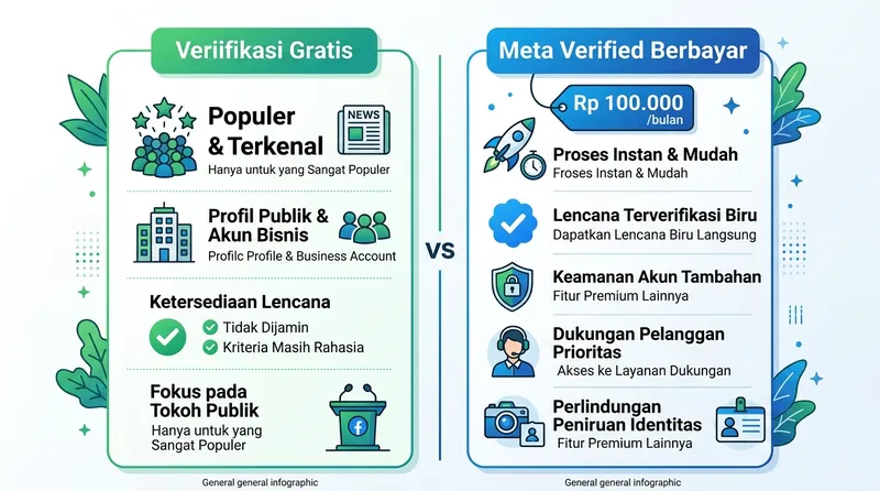 Perbandingan verifikasi gratis vs Meta Verified berbayar untuk centang biru FB