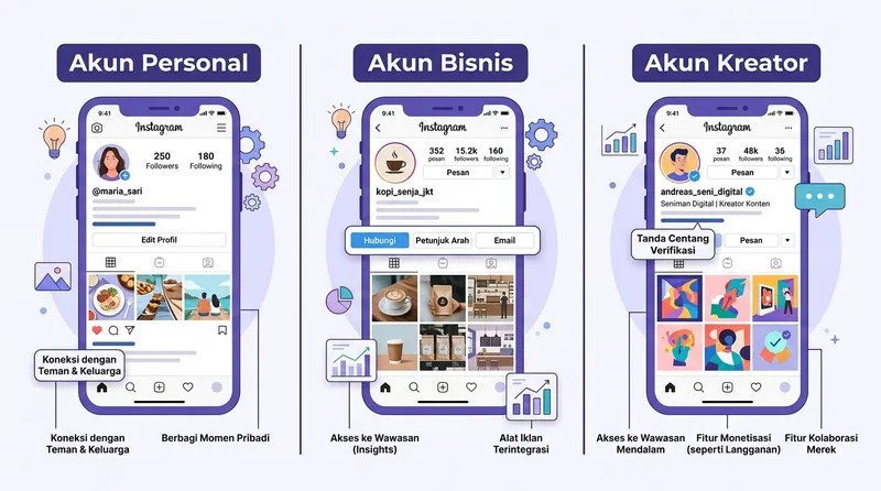 Perbandingan tiga jenis akun Instagram: personal, bisnis, dan kreator