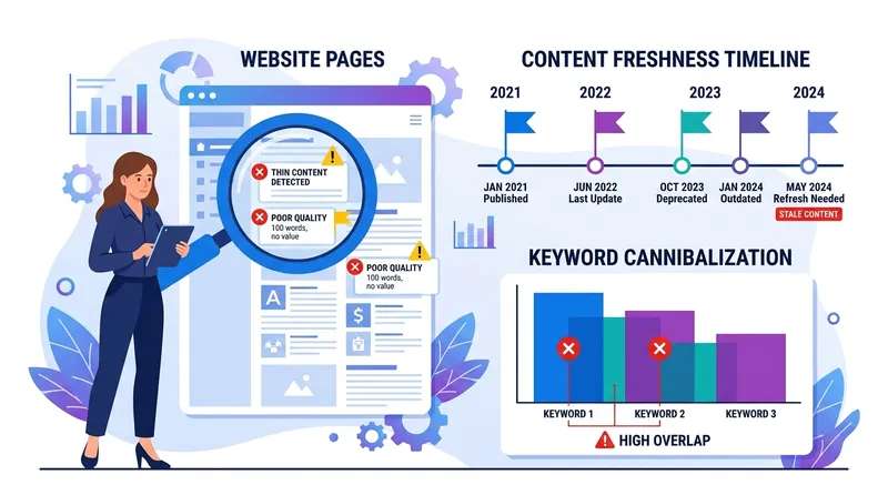 Ilustrasi proses content audit SEO menampilkan thin content detection, keyword cannibalization, dan content freshness